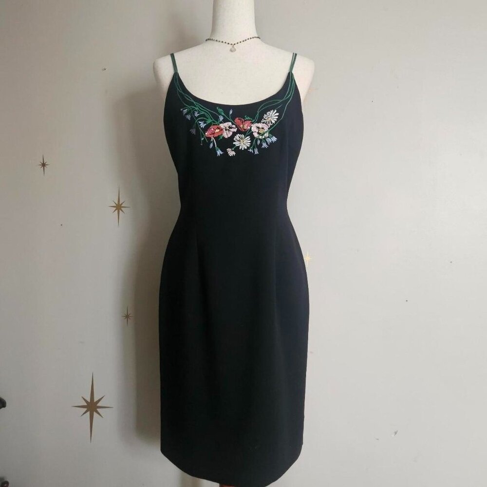 Maggy London Black Midi Dress with Floral Embroidery
